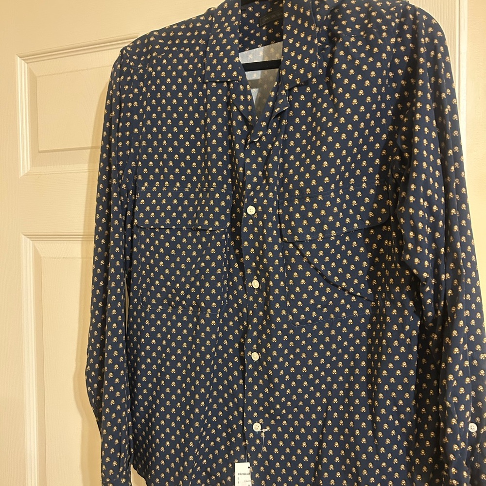 Saks Fifth Avenue Navy and Gold Patterned Shirt